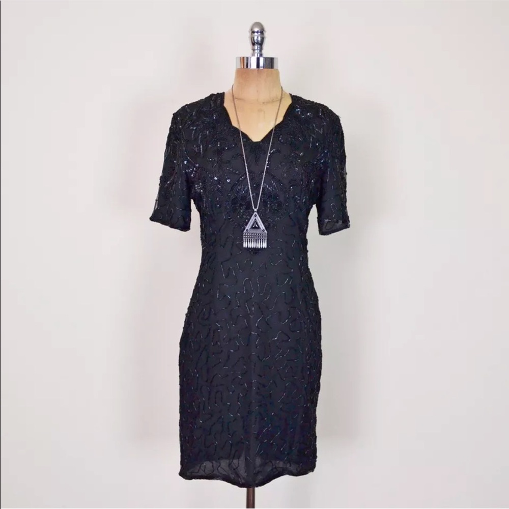 80s Sequin Beaded Silk Cocktail Party Mini Dress S
